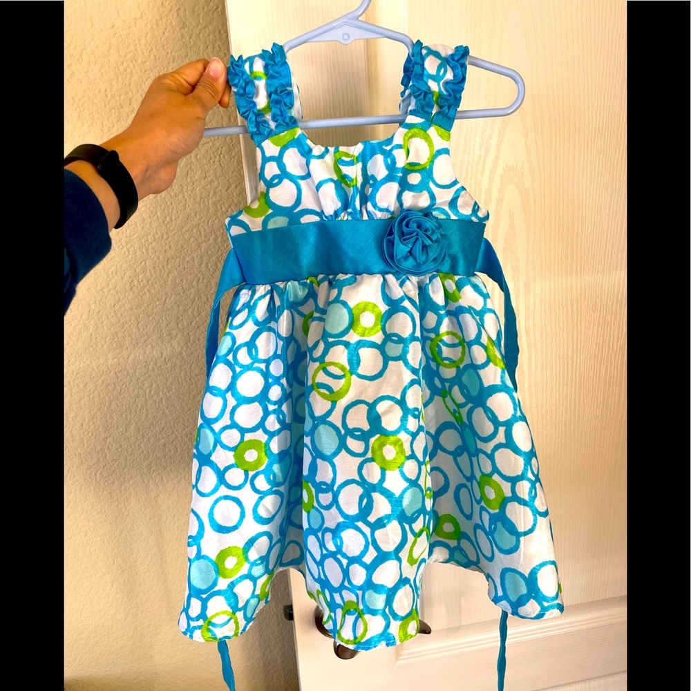 Jona Michelle blue and green circle print 2t girl dress w blue ribbon and rose